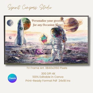 Watercolor Astronaut TV Frame Art, Editable Outer Space Birthday Screen, Magical Galaxy Smart Display, Rocket Digital Download