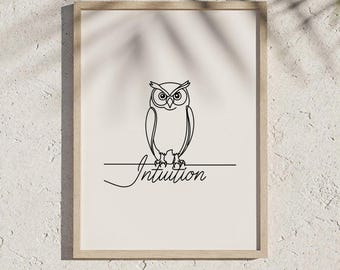 Brújula espiritual, intuición, búho, arte de una sola línea, SVG, PNG, PDF, relación 2:3