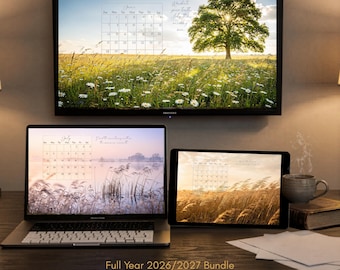 Paquete de calendario anual 2026-2027 / Arte de brújula espiritual de 12 meses / Fondo de pantalla de escritorio de atención plena / Conjunto de arte digital para TV con marco de paisaje zen