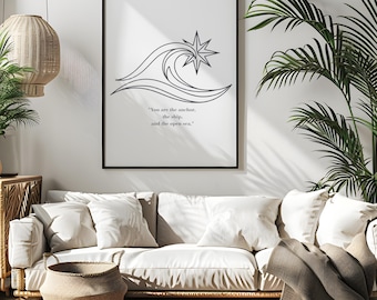 Lámina minimalista con brújula, diseño de olas y estrellas (descarga digital)