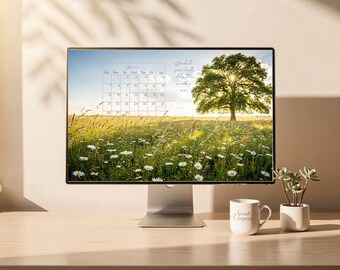 Fondo de pantalla de escritorio con calendario de junio, paisaje minimalista, brújula espiritual (descarga digital)