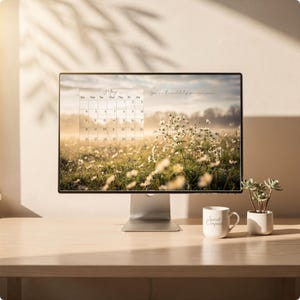 Puede incluir: Un monitor de ordenador muestra un calendario de mayo y un campo de flores blancas. Una taza blanca con el texto "Spirit Compass" y una pequeña suculenta en maceta están sobre un escritorio de madera clara.