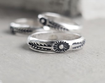 Thick stamped floral leaf ring sterling silver made to order