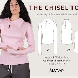 May include: A light pink jersey top with a buttoned funnel-neck. The top has long sleeves and a unique collar design. The image also includes a line drawing of the top and the text "THE CHISEL TOP".