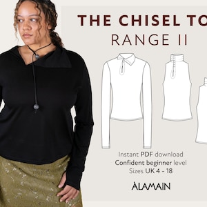 May include: A woman wearing a black long-sleeved top with a unique collar and a decorative necklace. The image also features line drawings of the Chisel Top Range II, a PDF sewing pattern for sizes UK 4-18. The text reads "Instant PDF download" and "Confident beginner level."