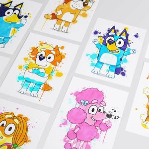 Blue Dog Cartoon Wall Art Prints, Set of 9, A4 Size, Unframed, Kids bedroom wall art