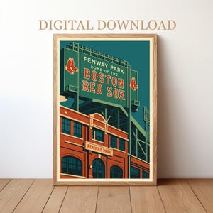 May include: A framed digital print of Fenway Park, home of the Boston Red Sox. The artwork depicts the stadium's facade in a vintage style, with the team's logo and name in red and white against a teal background. The print is a digital download.