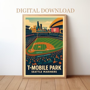 May include: A framed art print of T-Mobile Park, home of the Seattle Mariners, in a vintage style. The print features a baseball field, stadium, and cityscape in shades of green, orange, blue, and brown. Text at the top reads "DIGITAL DOWNLOAD".