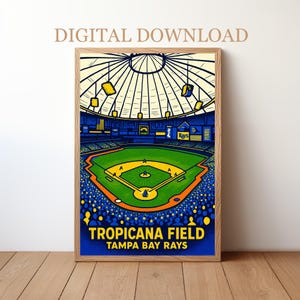 May include: A framed digital print of Tropicana Field, home of the Tampa Bay Rays. The artwork features a stylized illustration of the baseball stadium with a green field, blue seating, and a domed roof. The text "TROPICANA FIELD TAMPA BAY RAYS" is displayed at the bottom.