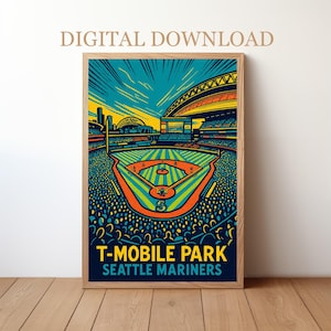 May include: A framed art print of T-Mobile Park, home of the Seattle Mariners, in a colorful, stylized illustration. The print features a baseball field with a crowd, stadium, and the text "DIGITAL DOWNLOAD". The artwork is in shades of blue, orange, and yellow.