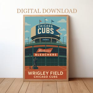 Puede incluir: Una impresión digital enmarcada de Wrigley Field, hogar de los Chicago Cubs. La obra de arte muestra el exterior del estadio con el texto "Chicago Cubs" y "Budweiser Bleachers". La impresión tiene un estilo retro con un cielo azul claro y acentos naranjas.