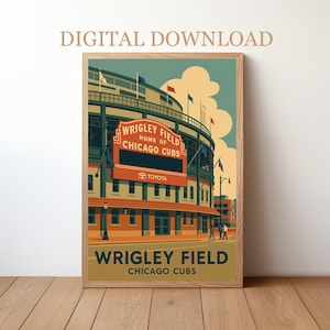 May include: A framed art print depicting Wrigley Field, home of the Chicago Cubs, in a retro style. The print shows the stadium's facade in green, orange, and beige, with the text "Wrigley Field" and "Chicago Cubs". The words "Digital Download" are at the top.