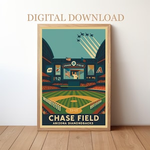 May include: A framed digital download print featuring a stylized illustration of Chase Field, home of the Arizona Diamondbacks. The artwork depicts the stadium with a baseball field, seating, and the text "Chase Field Arizona Diamondbacks". The sky shows jets.