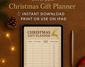Może przedstawiać: Cyfrowy planer prezentów świątecznych na tablecie z napisem "Get Organised This Christmas". Planer zawiera sekcje na imię, pomysły na prezenty, rzeczywiste wydatki i zakupione. Widoczny jest również złoty długopis i czerwona wstążka.