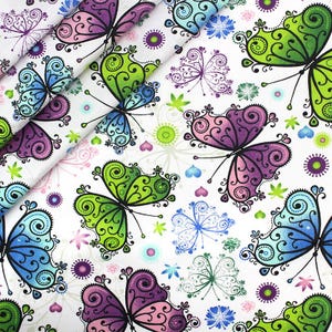 Cotton Fabric by the Yard – Colorful Butterflies on White, Whimsical Insect Print Fabric for Quilting and Sewing