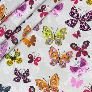 Cotton Fabric by the Yard – Colorful Butterflies on Light Grey for Quilting & Sewing Projects