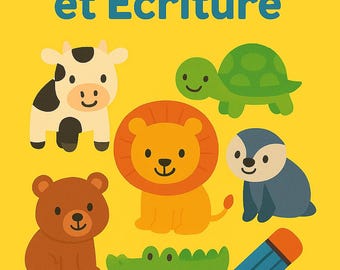 May include: A children's activity book with the title "Coloriage et Écriture" in orange and blue. The image features cartoon animals: a cow, turtle, lion, penguin, bear, and crocodile, along with a blue pencil on a green hill against a yellow background.