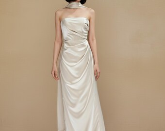 Elegant Satin Dress with Scarf | Modern Bridesmaid Dress | Minimal & Chic Maid of Honor Gown | Elegant Wedding Guest or Prom Dress