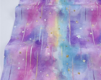 Tela de algodón con efecto tie-dye, estrellas espaciales brillantes y arcoíris, de media yarda