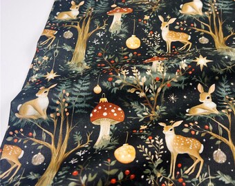 Tela de algodón con renos navideños, tela animal, bosque de setas (por medio metro)