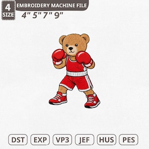 以下が含まれることがあります： 赤いボクシングの衣装を着た漫画のテディベアの刺繍ミシンファイル。グローブとショーツが含まれています。デザインは10 cm、13 cm、18 cm、23 cmのサイズで利用できます。ファイル形式には、DST、EXP、VP3、JEF、HUS、PESが含まれます。