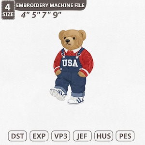 May include: An embroidery machine file featuring a teddy bear wearing a red sweater and blue overalls with "USA" on the chest. The file sizes are 4", 5", 7", and 9". The file formats include DST, EXP, VP3, JEF, HUS, and PES.