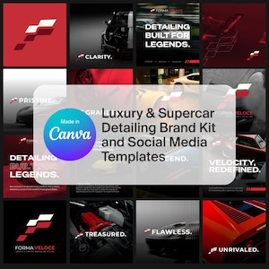 May include: A grid of social media templates for a luxury and supercar detailing brand. The templates feature images of cars, logos, and text such as "Detailing Built for Legends" and "Velocity, Redefined." The brand name is Forma Veloce.