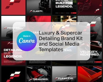 Può includere: Un set di modelli di social media per un marchio di detailing di lusso e supercar. I modelli presentano immagini di auto, loghi e testo come "Detailing Built for Legends". Il marchio è Forma Veloce.