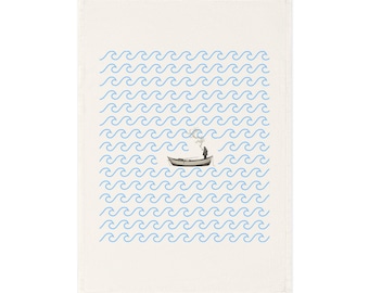 Cotton Tea Towel, Nautical Kitchen Towel, Ocean Waves Dish Cloth, Fishing Boat Decor Coastal Theme Hand Towel