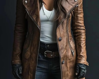 Abrigo vintage de cuero marrón envejecido para mujer, chaqueta con cuello de piel de cordero auténtica hecha a mano.