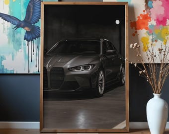 Poster de voiture de sport grise BMW M3 G80 - Poster décoratif sur toile - Poster mural et image d'art moderne pour chambre à coucher - 70 x 70 cm