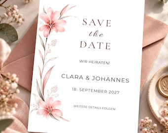 Save the Date Canva Vorlage, florale Hochzeitskarte mit rosa Aquarellblumen, digital & editierbar, Rose Elegance