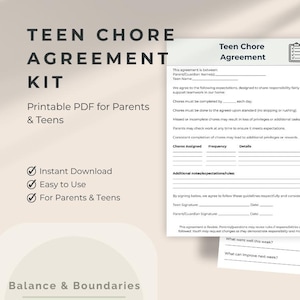 May include: A printable Teen Chore Agreement Kit for parents and teens. The kit includes a PDF with sections for chores, frequency, and details. The agreement is designed to share responsibility and support teamwork.