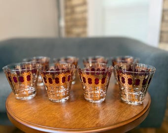 Vintage Culver Ltd. 22k guld & rubinröda cocktailglas - Set om 8