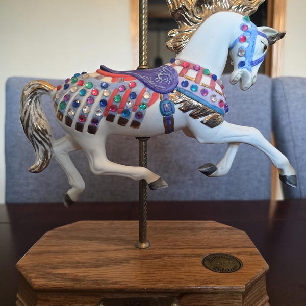 Vintage Carousel Horse Figurine: Illions 1923 Replica, Jeweled Saddle