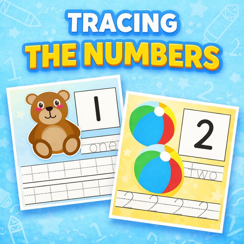 Peut inclure: Deux feuilles de travail éducatives pour le traçage avec le texte "TRACING THE NUMBERS". L'une présente un ours en peluche brun et le chiffre 1. L'autre montre deux ballons de plage et le chiffre 2. Les deux ont des lignes de traçage.