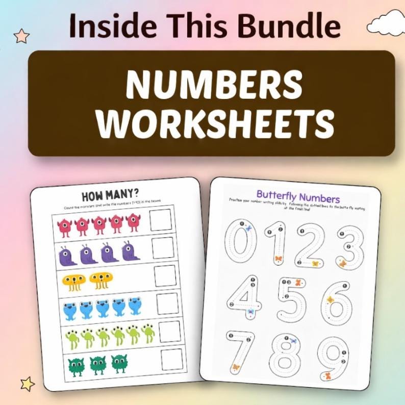 Peut inclure: Ensemble de feuilles de calcul éducatives avec le texte "Inside This Bundle" et "Numbers Worksheets". Une feuille de calcul demande "How Many?" avec des illustrations de monstres colorés. L'autre présente "Butterfly Numbers" pour le traçage des chiffres, de 0 à 9.