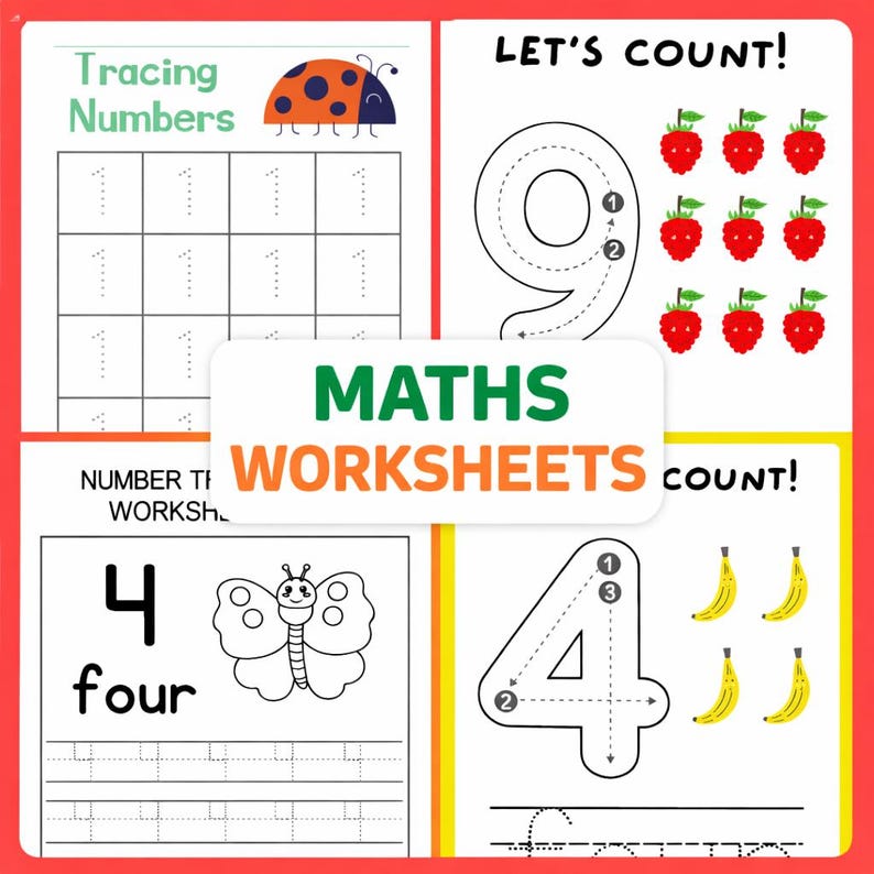 Peut inclure: Ensemble de feuilles de calcul éducatives colorées pour enfants. Les feuilles de calcul présentent des exercices de traçage de chiffres, de comptage avec des illustrations de fruits et d'insectes, et le texte "MATHS WORKSHEETS". Les pages sont bordées de rouge.