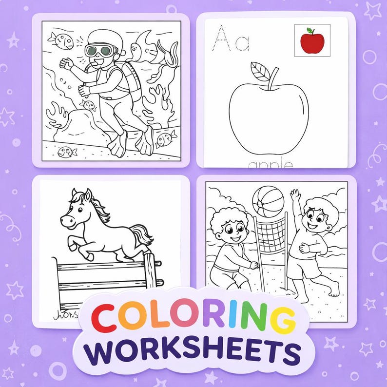 Peut inclure: Un ensemble de feuilles de coloriage avec diverses illustrations. Comprend un plongeur explorant l'océan, une pomme avec la lettre "A", un cheval sautant une barrière et des enfants jouant au volley-ball. Les mots "COLORING WORKSHEETS" sont affichés en couleur.