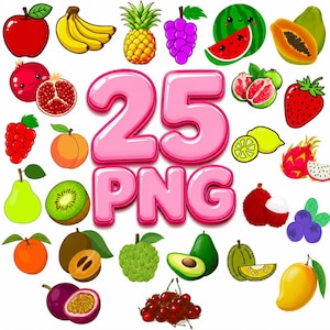 Pacote de Clipart de Rostos de Frutas Kawaii, 25 Arquivos PNG e SVG (Download Digital)