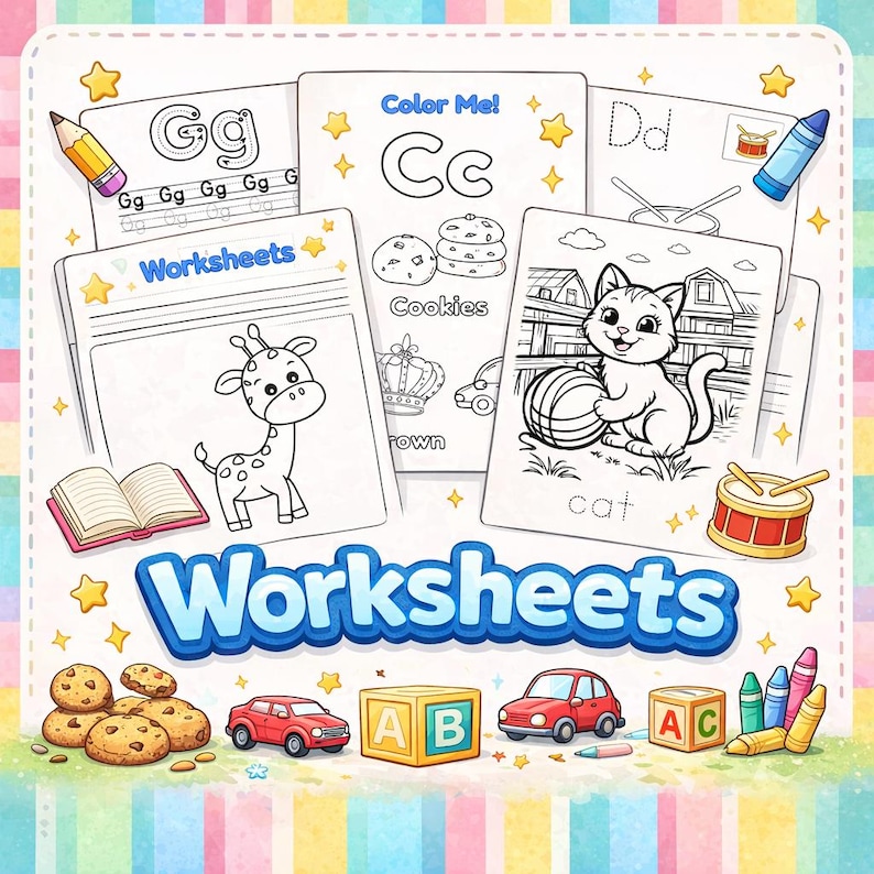 Peut inclure: Ensemble de feuilles d'exercices pour enfants avec l'alphabet, des pages à colorier et des illustrations d'une girafe, d'un chat, de biscuits et de voitures. L'image comprend le mot "Worksheets" en bleu et blanc, ainsi que des crayons et un tambour.