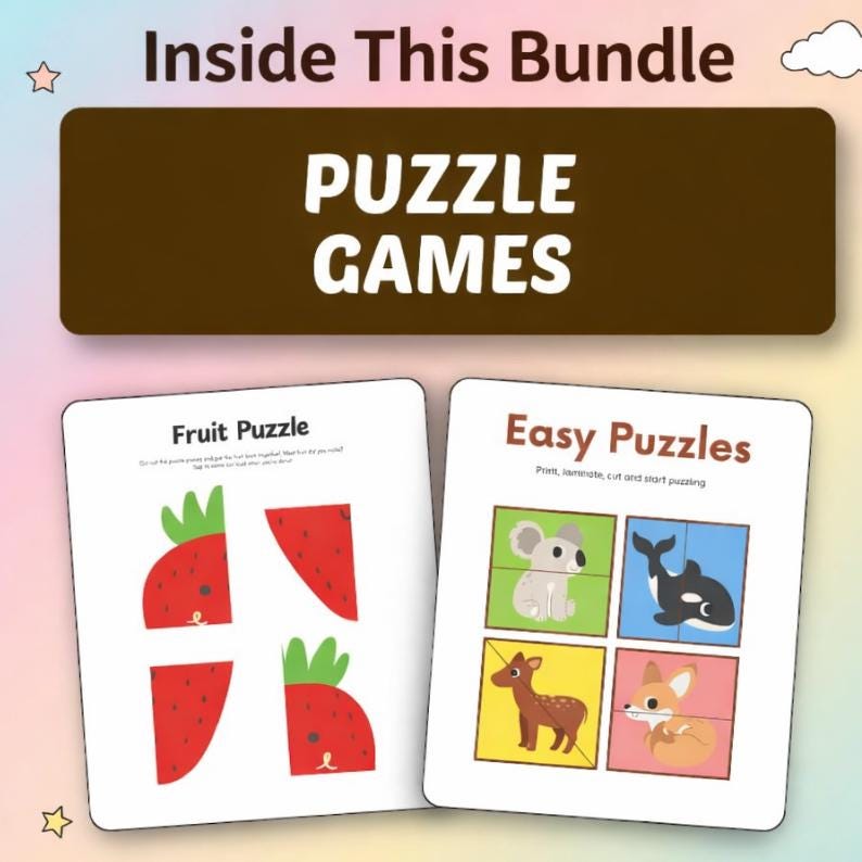 Peut inclure: Image d'un ensemble de jeux de puzzle. Le texte "Inside This Bundle" et "PUZZLE GAMES" sont en haut. Deux cartes de puzzle sont présentées : un puzzle de fruits avec une fraise et un puzzle facile avec un koala, une baleine, un cerf et un renard.