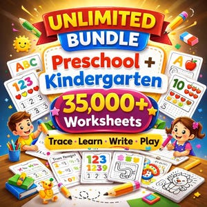 May include: A vibrant graphic promoting a preschool and kindergarten worksheet bundle. The image features the text "UNLIMITED BUNDLE Preschool + Kindergarten 35,000+ Worksheets". Colorful illustrations of children, pencils, and educational materials are included.
