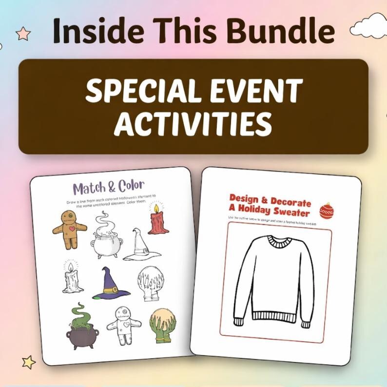 Peut inclure: Un ensemble d'activités pour événements spéciaux. L'image présente deux feuilles d'activités : "Match & Color" avec des illustrations d'Halloween et "Design & Decorate A Holiday Sweater" avec un dessin de pull. La bannière supérieure indique "Inside This Bundle".