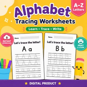 Peut inclure: Fiches de traçage de l'alphabet avec deux pages blanches portant le texte Let's trace the letter, montrant les lettres A et B en majuscules et minuscules avec des lignes pointillées. Le fond jaune inclut un pot à crayons bleu et un crayon.