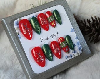 Uñas postizas navideñas, set de uñas navideñas en rojo y verde, reutilizables