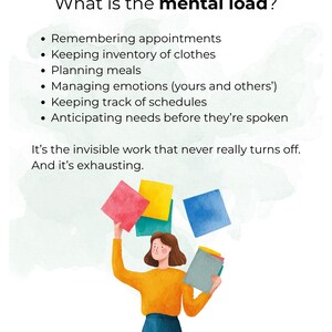 May include: Illustration with text: "What is the mental load?" followed by a list of tasks. A person in an orange shirt and blue shorts juggles colorful squares and folders. The text states, "It's the invisible work that never really turns off. And it's exhausting."
