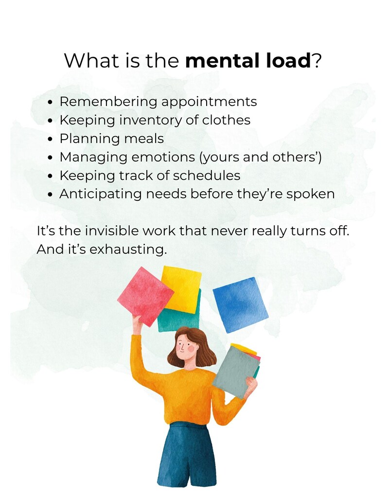 May include: Illustration with text: "What is the mental load?" followed by a list of tasks. A person in an orange shirt and blue shorts juggles colorful squares and folders. The text states, "It's the invisible work that never really turns off. And it's exhausting."