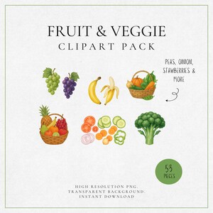 May include: A digital clipart pack featuring watercolor illustrations of various fruits and vegetables, including grapes, bananas, pumpkins, carrots, broccoli, and more. The text reads "FRUIT & VEGGIE CLIPART PACK" and "53 PIECES".
