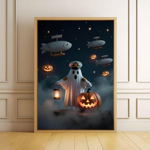 May include: A framed Halloween-themed artwork featuring a ghost wearing a captain's hat, holding a lantern, and standing near a carved pumpkin. White blimps with jack-o'-lanterns hang in the night sky, with stars in the background. The artwork is set against a dark blue backdrop.